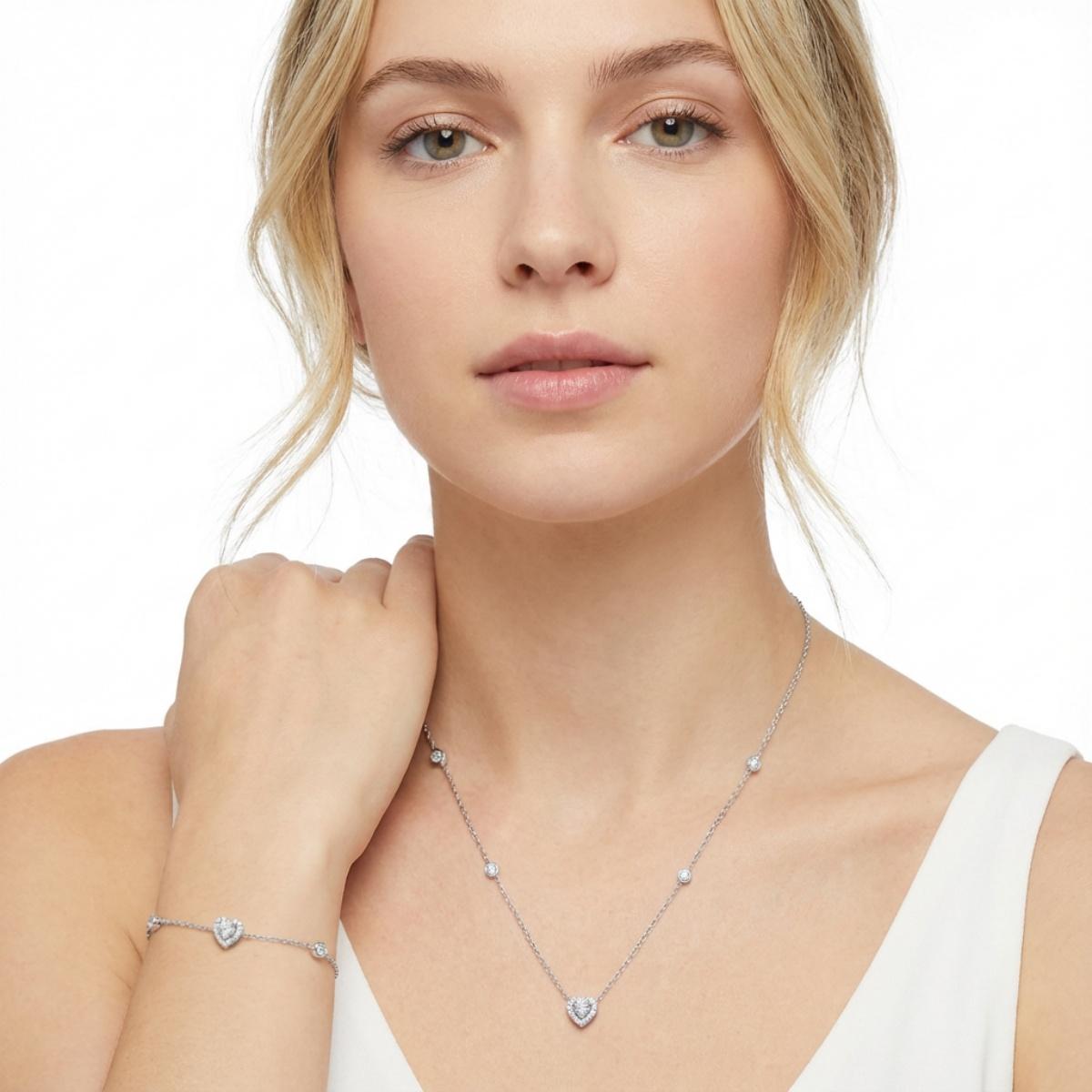 Delzzad Eternal Heart Set Bling Love Heart Bracelet Heart Pendant Necklace Jewelry Set Synthetic Moissanite Necklace Bracelet Jewelry Copper Chain