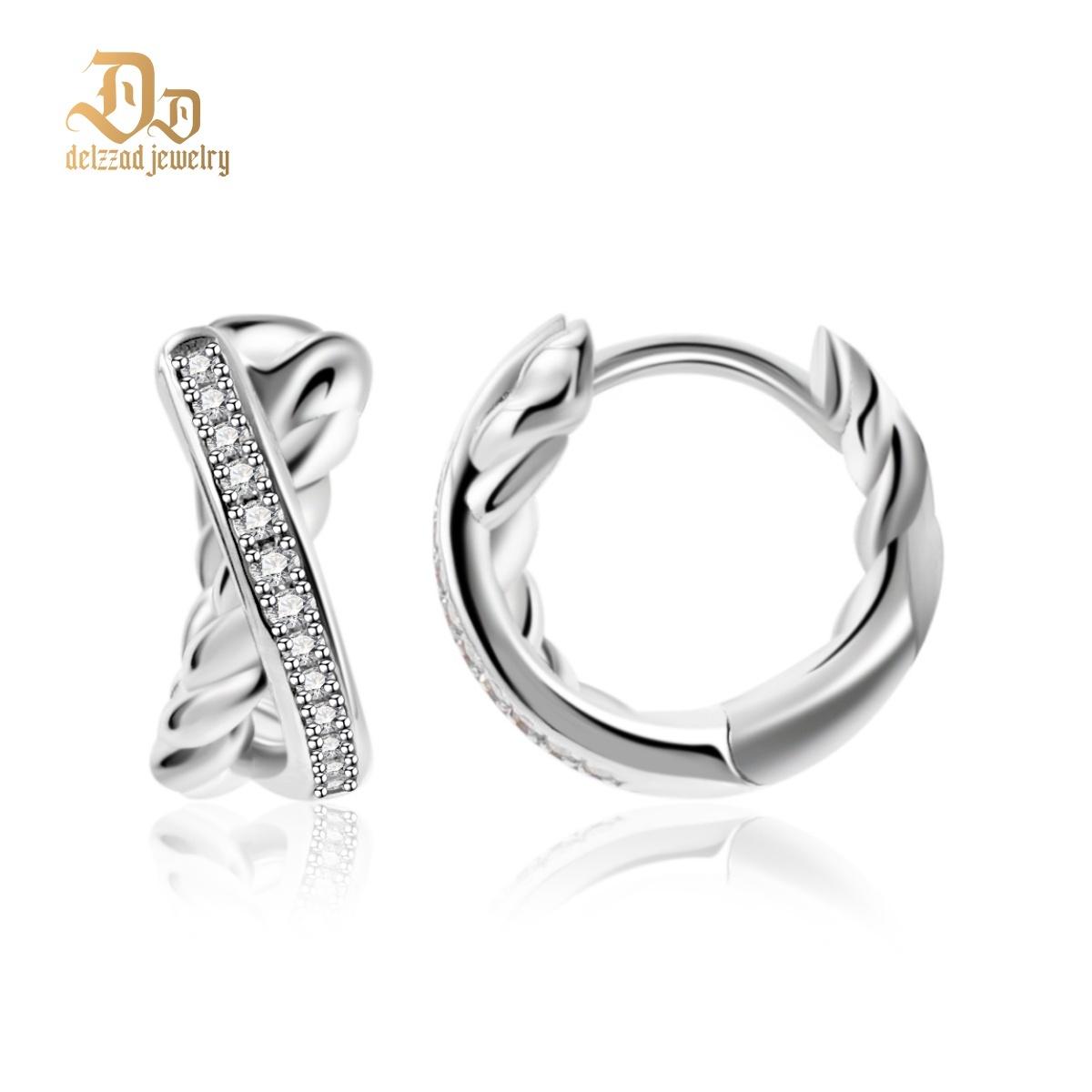 Delzzad Twist Hoop Earrings Crossover Huggies Earrings D Color VVS Synthetic Moissanite Earrings Jewelry S925 Perfect Birthday Engagement Wedding Anniversary Christmas Gift
