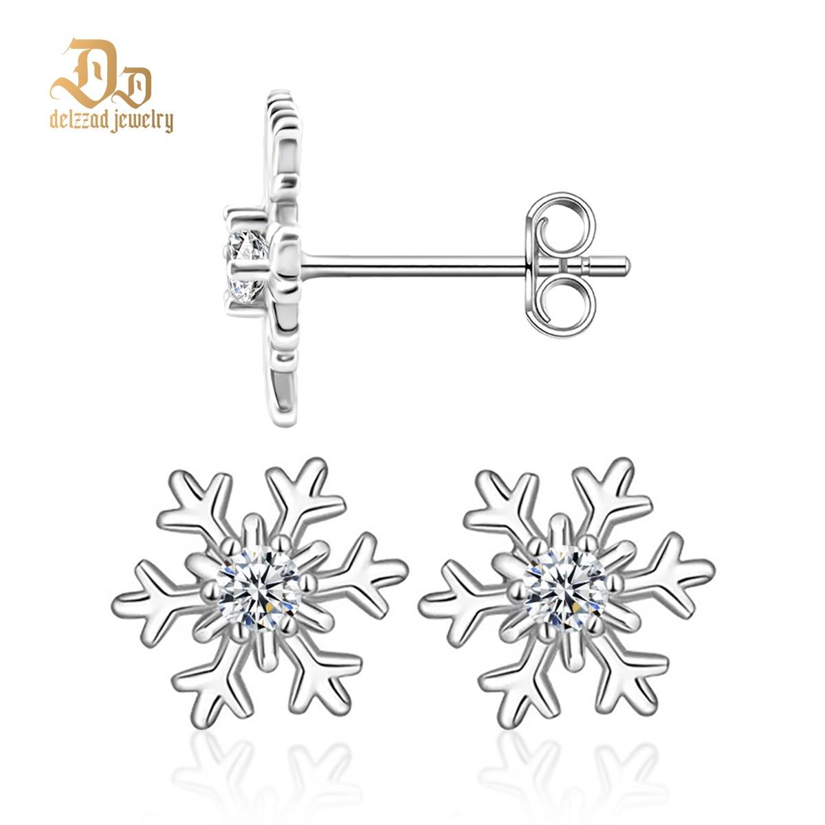 Delzzad Romantic Icy Snowflake Stud Earrings Synthetic Moissanite S925 Earring Jewelry Perfect Birthday Engagement Anniversary Christmas Gift