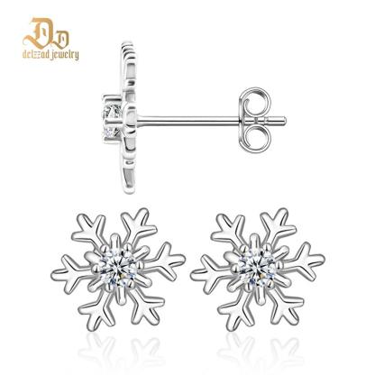Delzzad Romantic Icy Snowflake Stud Earrings Synthetic Moissanite S925 Earring Jewelry Perfect Birthday Engagement Anniversary Christmas Gift
