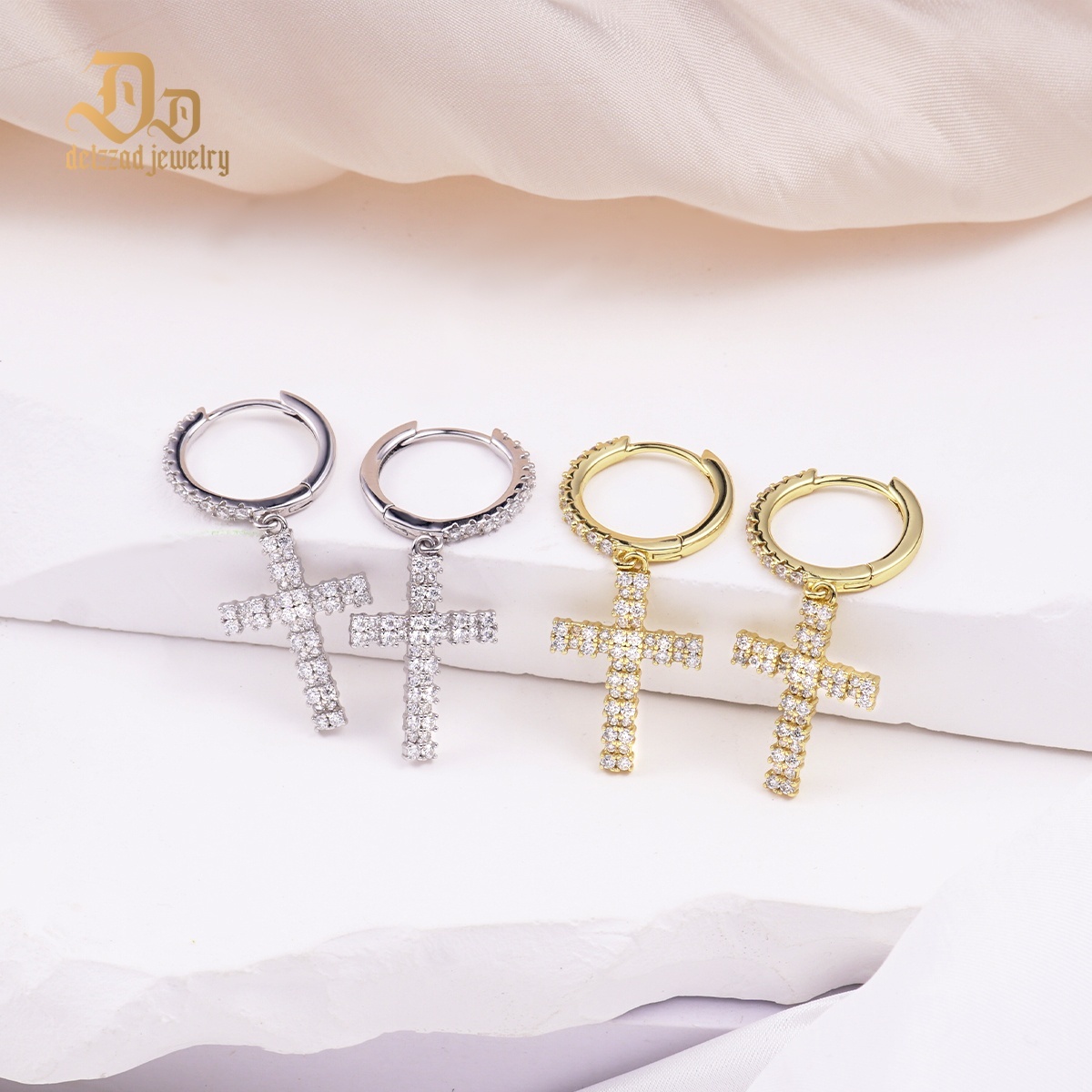 Delzzad S925 Synthetic Moissanite Bling Cross Clip Hoop Earrings Anniversary Valentine's Day Gift