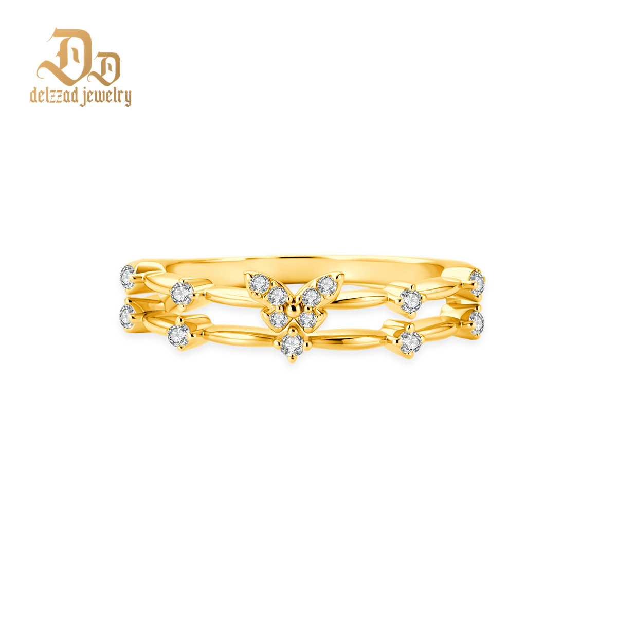 Delzzad 0.1ct Tiny Dainty Butterfly Garden Flutter Ring VVS Synthetic Moissanite Ring