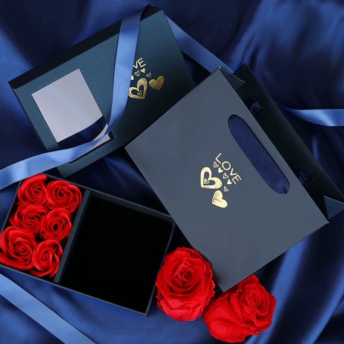 Delzzad Eternal Flower Rose Love Jewelry Box Gift Bag Set for Her Valentine's Day Anniversary Christmas Gift Box