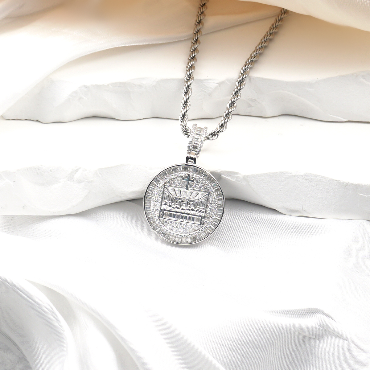 Hip Hop Spiritual Belief Supper Engraved Cross Charm Chain Pendant Necklace VVS Synthetic Moissanite S925 Chain