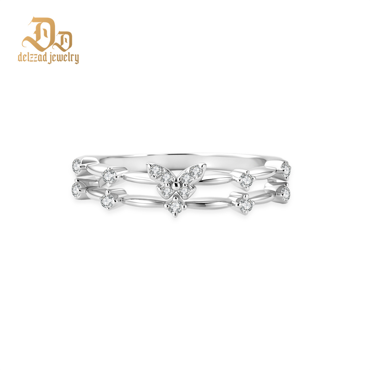 Delzzad 0.1ct Tiny Dainty Butterfly Garden Flutter Ring VVS Synthetic Moissanite Ring