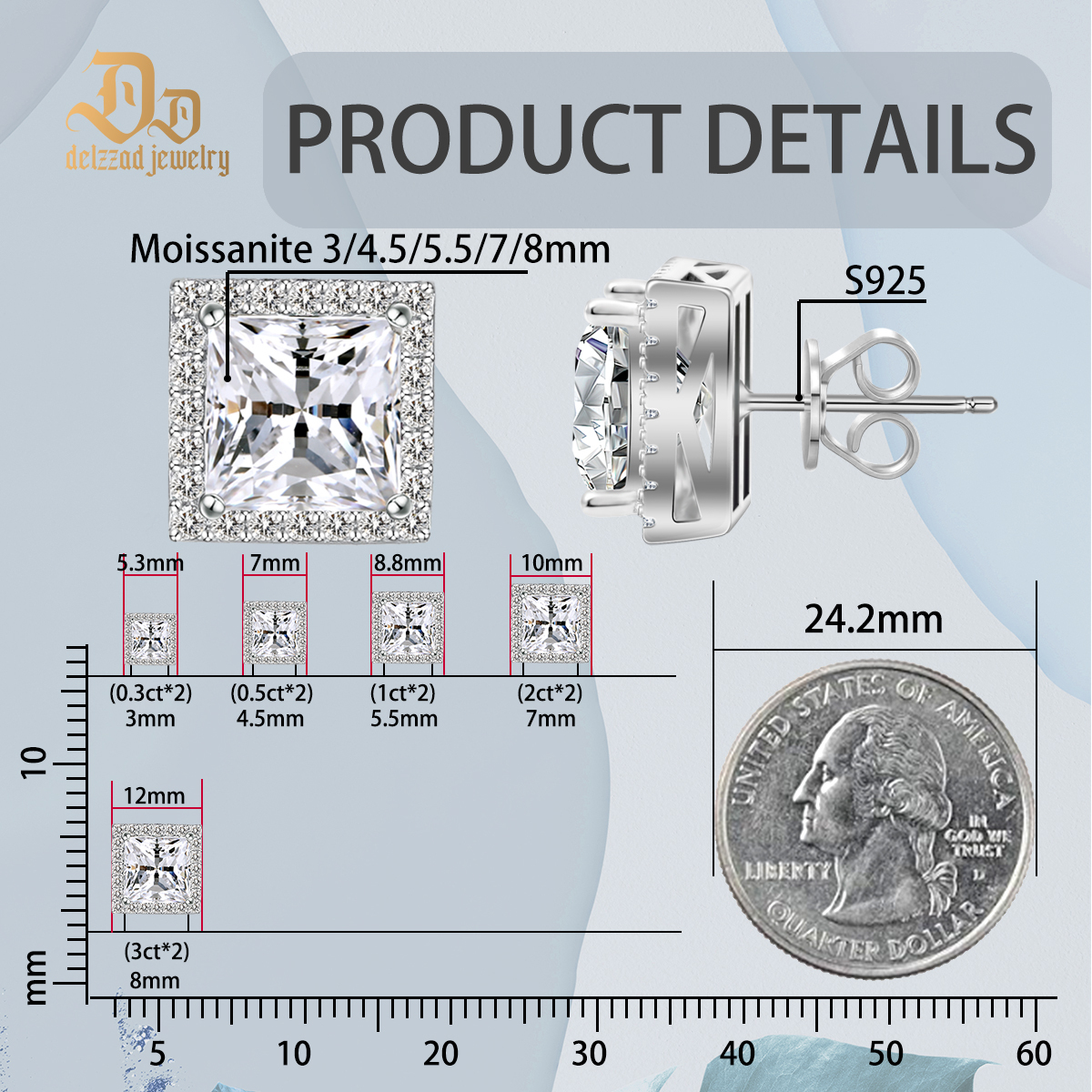 Delzzad Princess Cut Synthetic Moissanite Stud Earrings Stocking Stuffers Christmas Gifts for Men Women