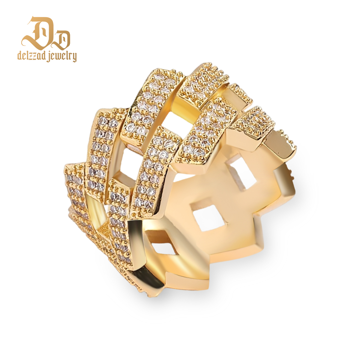 Moissanite CZ Iced Prong Cuban Ring 2-Row Cuban Link Ring  14K GOLD