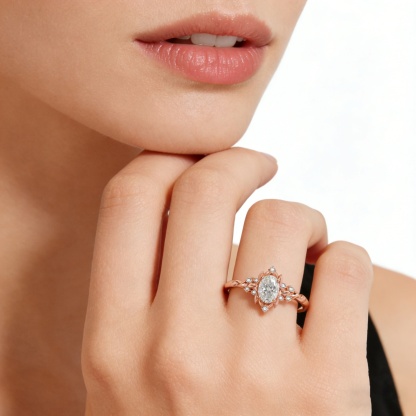 Delzzad 1ct Love Blossom Ring Oval Cut Synthetic Moissanite Ring Jewelry S925 Elegant Rose Golden Engagement Ring Nature Inspired Promise Ring for Women Perfect Birthday Engagement Wedding Anniversary Christmas Gift