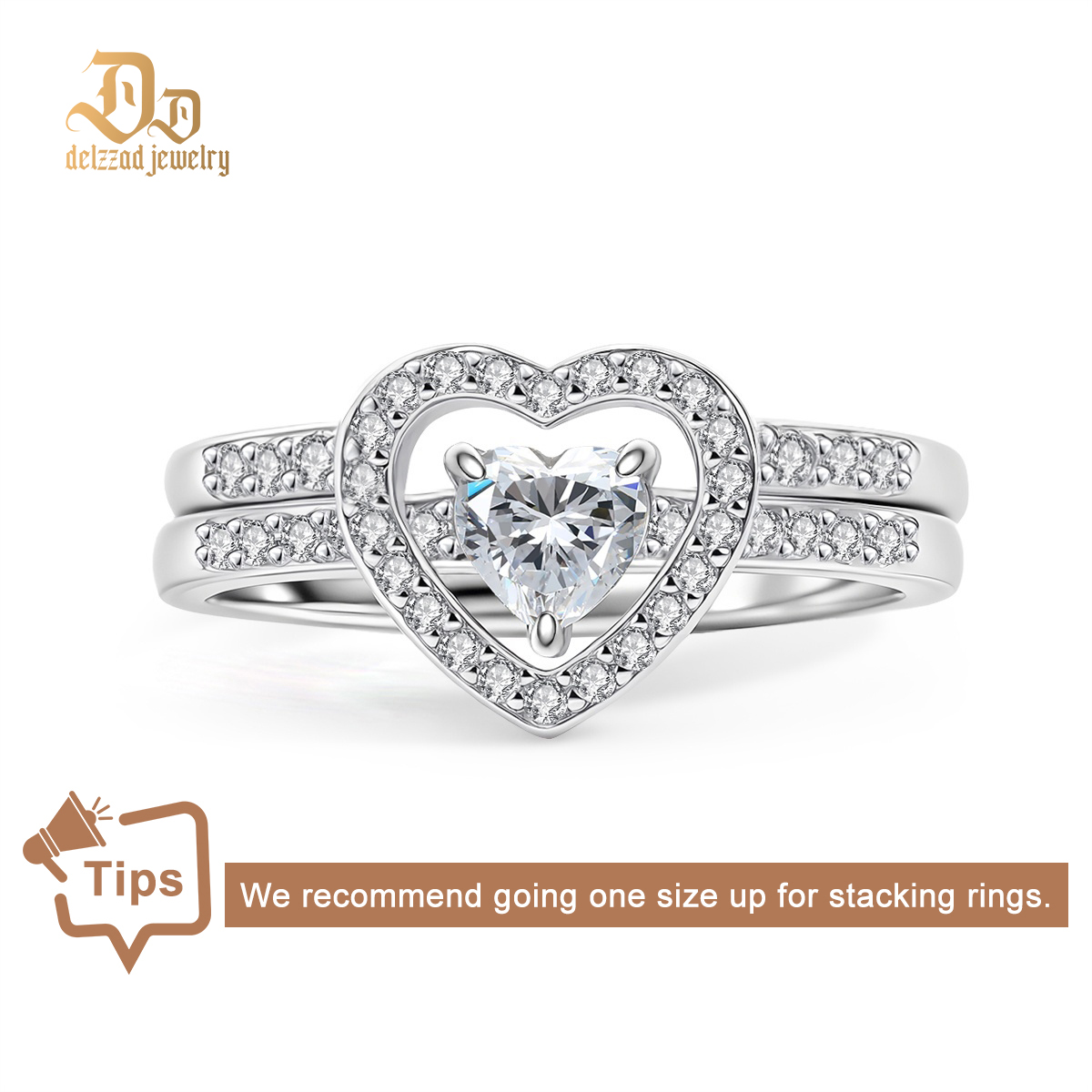 Halo Heart Cut Ring Set Heart Pair Stacking Ring Band D Color VVS Synthetic Moissanite Ring Jewelry Copper Band Wedding Band Engagement Ring Set Promise Ring