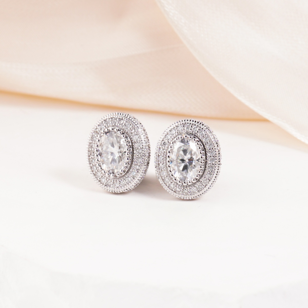 The Halo of Eos Earrings Oval Cut Milgrain Halo Earrings VVS Synthetic Moissanite Earrings Copper Studs