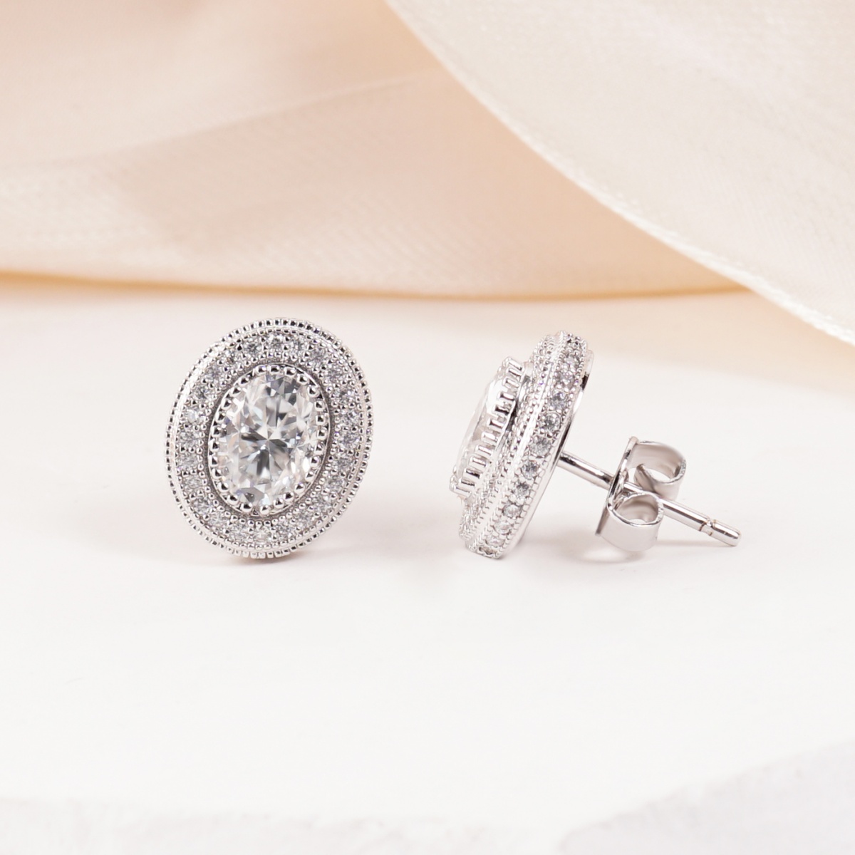 The Halo of Eos Earrings Oval Cut Milgrain Halo Earrings VVS Synthetic Moissanite Earrings Copper Studs