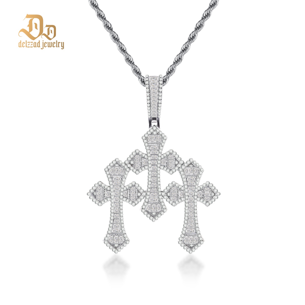 Iced Out Triple Cross Pendant Shining Grace Pendant D Color VVS Synthetic Moissanite Copper Chain