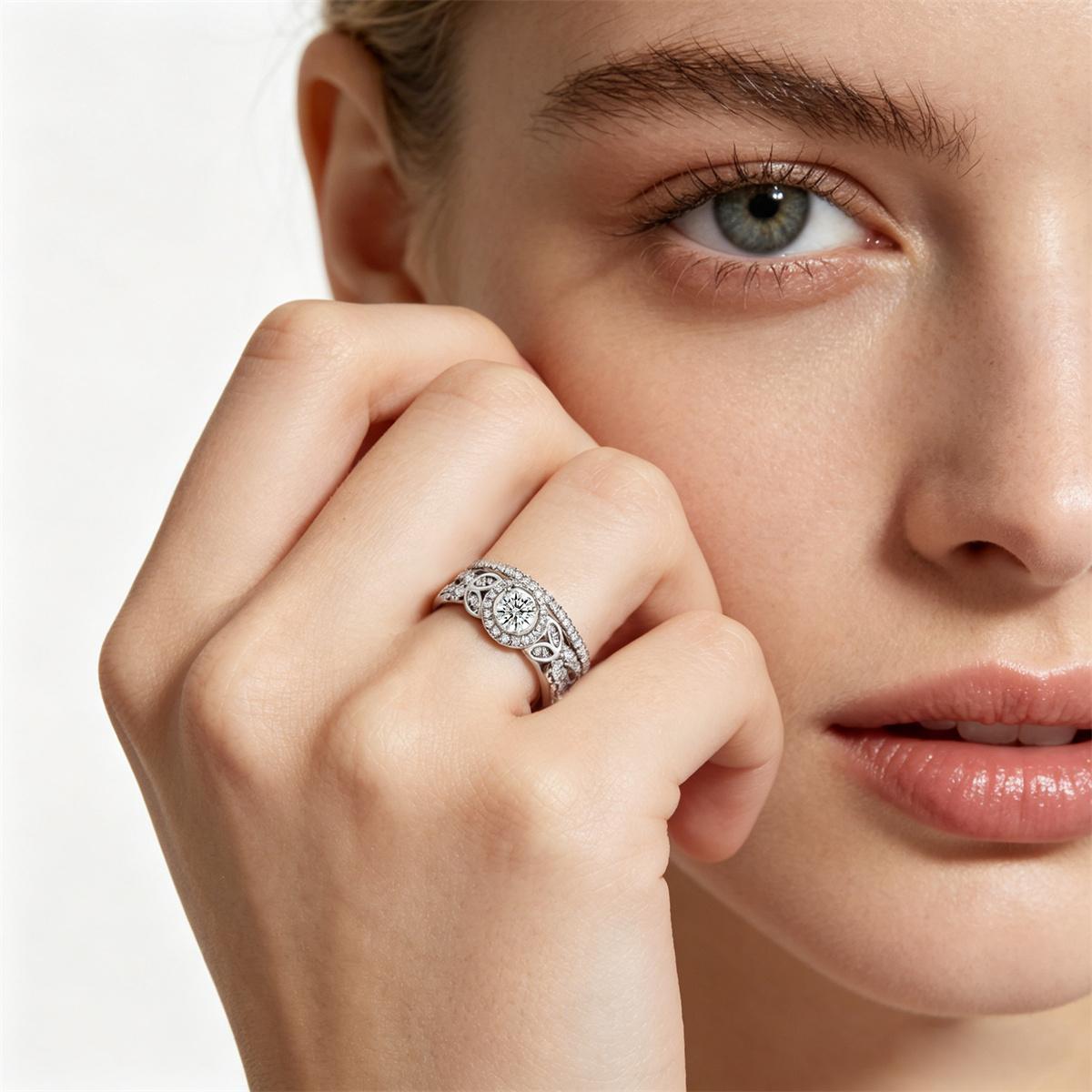 Delzzad 1.1ct A Galaxy for My Star Ring Vintage Bridal Set Halo Wedding Band Ring VVS Synthetic Moissanite Ring Jewelry Copper Band