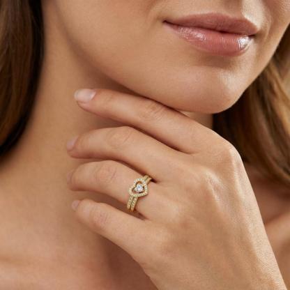 Halo Heart Cut Ring Set Heart Pair Stacking Ring Band D Color VVS Synthetic Moissanite Ring Jewelry Copper Band Wedding Band Engagement Ring Set Promise Ring