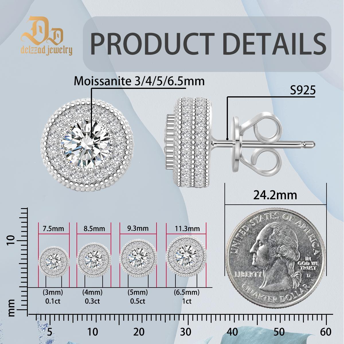 S925 Round Synthetic Moissanite Hip Hop Iced Out Halo Stud Earrings For Men Women Christmas Gifts