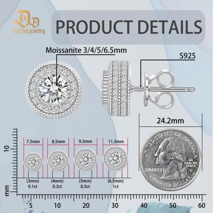 S925 Round Synthetic Moissanite Hip Hop Iced Out Halo Stud Earrings For Men Women Christmas Gifts