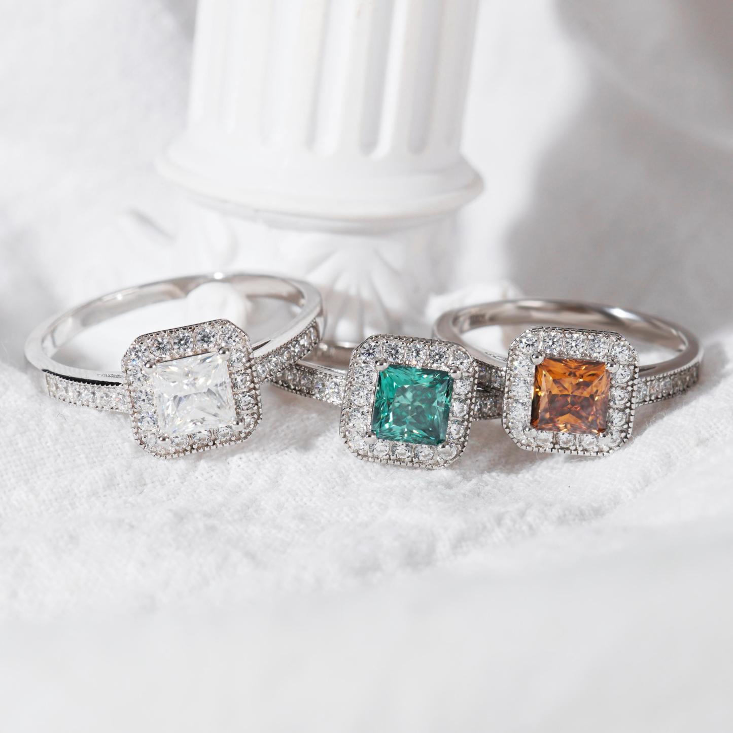 Delzzad 1ct Princess Synthetic Moissanite Halo Ring S925 Ring Band Jewelry Perfect Birthday Engagement Wedding Anniversary Gift