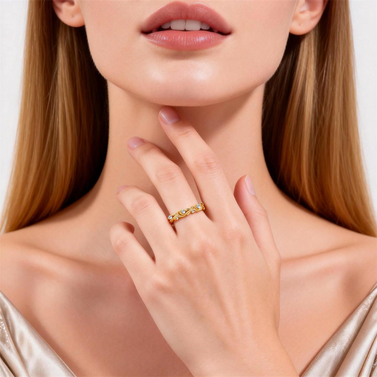 Delzzad Golden Vine Eternity Ring Floral Band Engagement Ring Synthetic Moissanite Band Ring Jewelry S925 Band