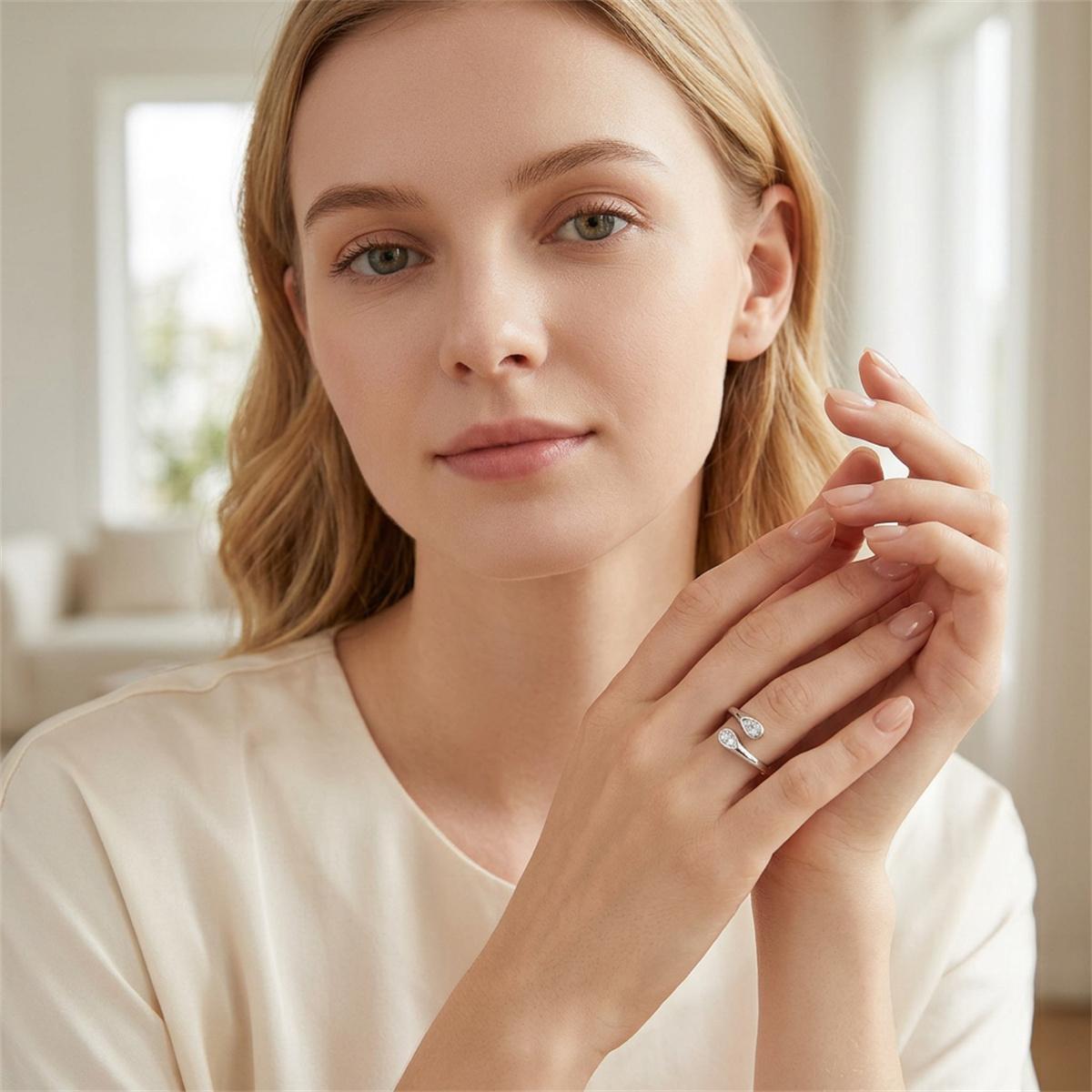 Delzzad 0.7ct Twin Soul Drops Ring Pear Bypass Ring Open Ring Band VVS Synthetic Moissanite Ring Jewelry Copper Band
