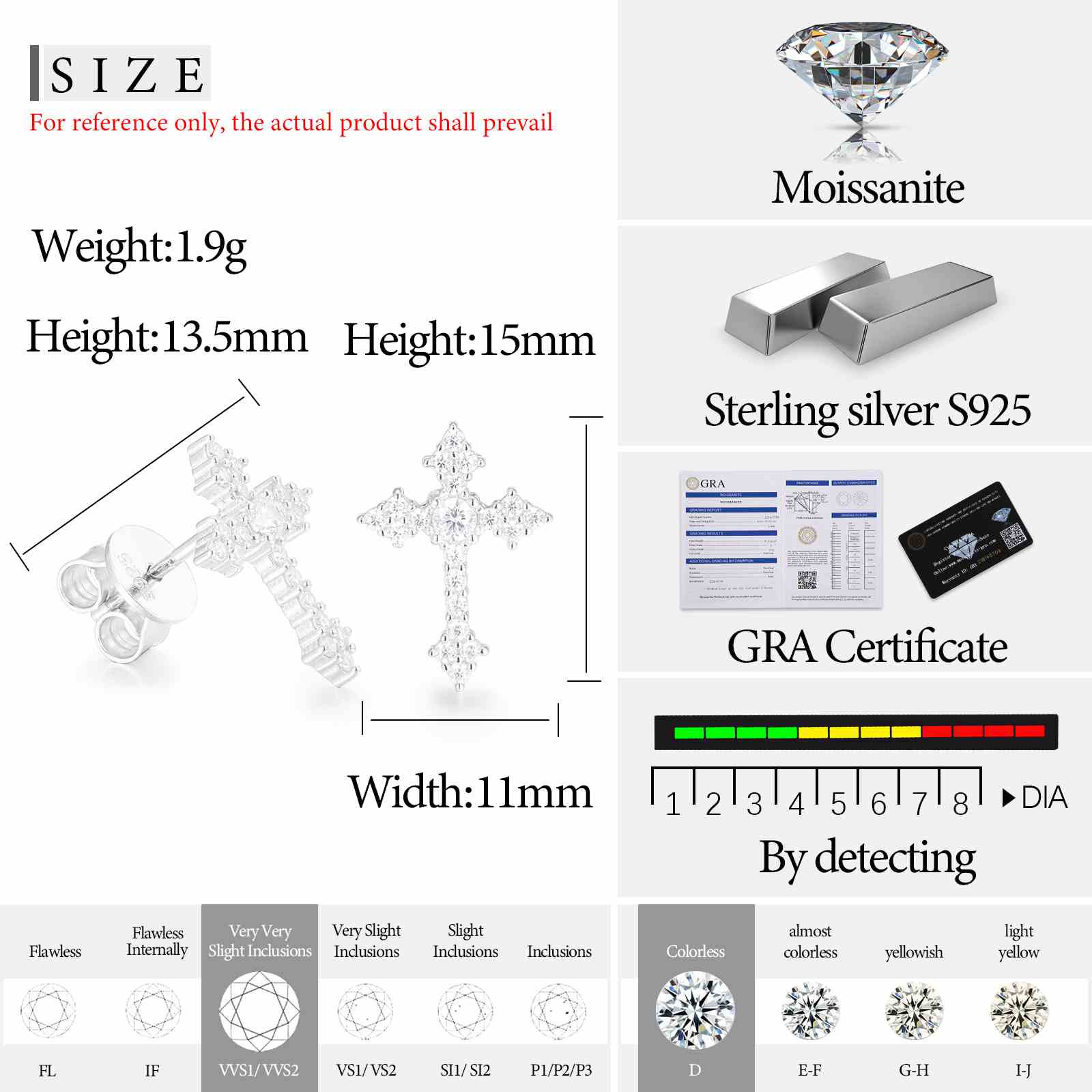 S925 D Color VVS Synthetic Moissanite Cross Prong Stud Earrings For Men Women