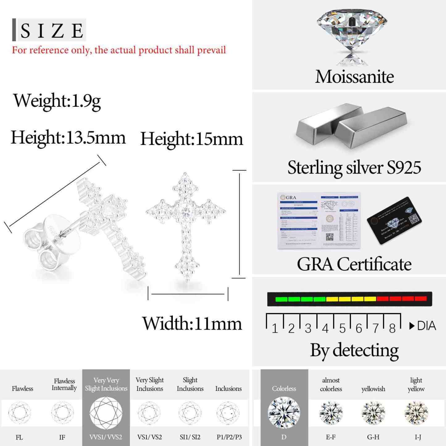 S925 D Color VVS Synthetic Moissanite Cross Prong Stud Earrings For Men Women