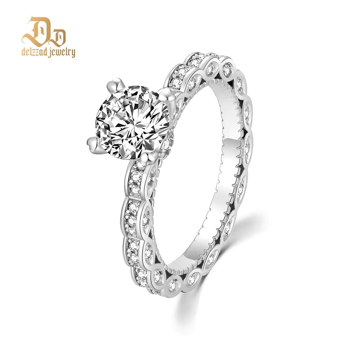 Delzzad S925 1ct Round Synthetic Moissanite Surprise Engraving Ring