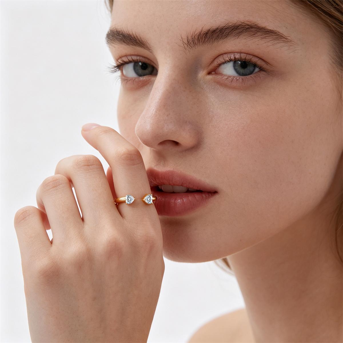 Delzzad 0.6ct Double Heart Drift Ring Open Nesting Ring with Two Hearts Synthetic Moissanite Ring Copper Band