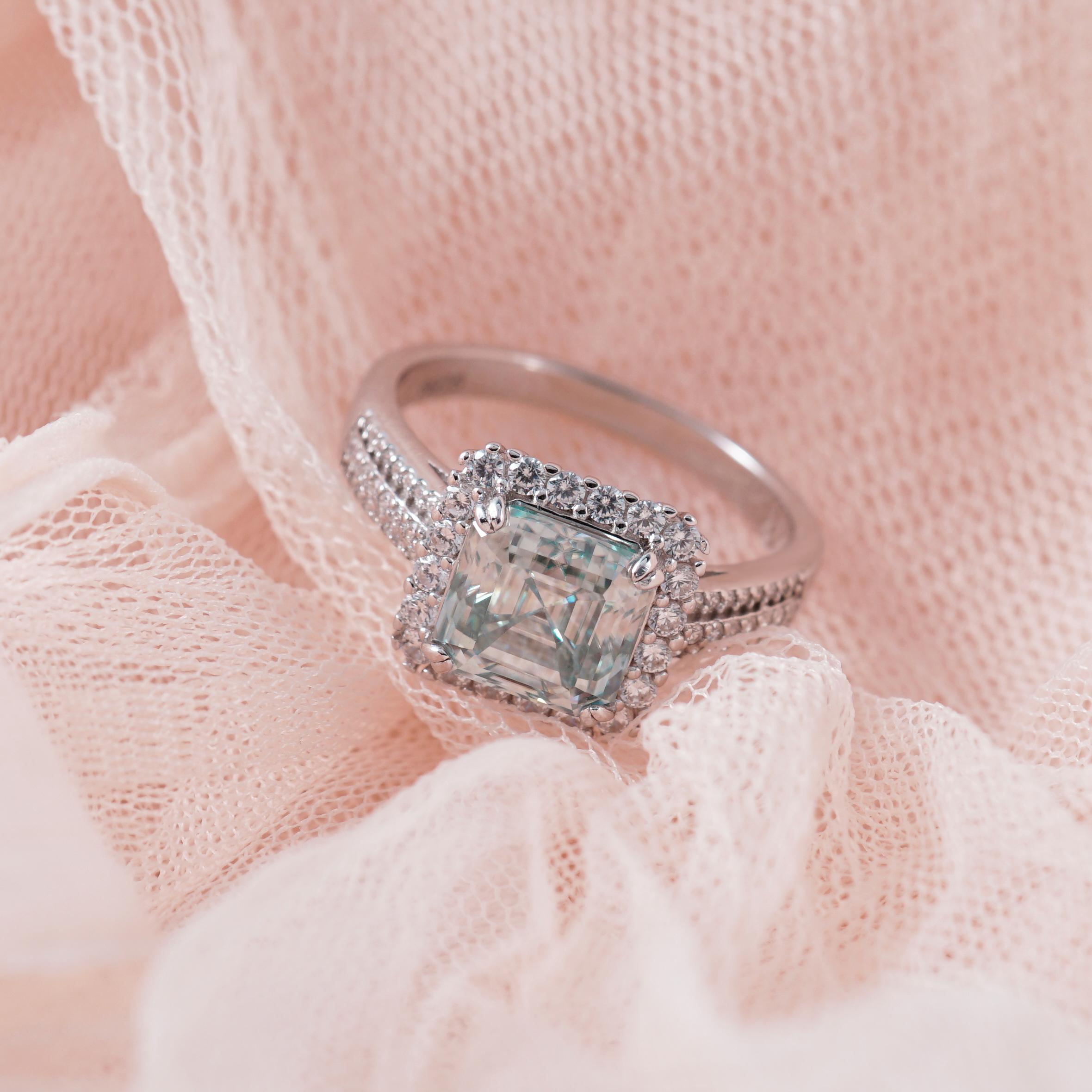 Delzzad 2.5ct Paraiba Asscher Synthetic Moissanite Halo Ring S925 Ring Band Jewelry Perfect Birthday Engagement Wedding Anniversary Gift