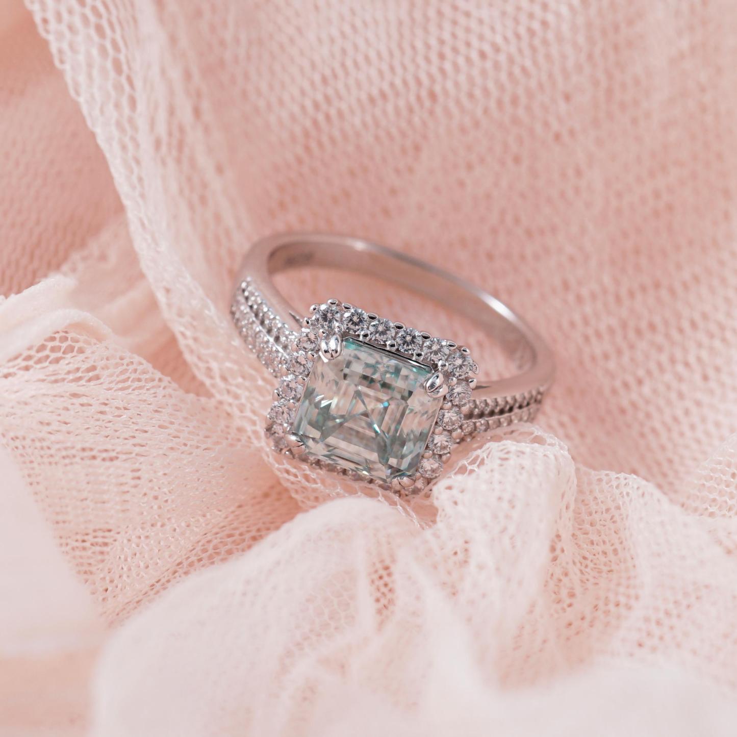 Delzzad 2.5ct Paraiba Asscher Synthetic Moissanite Halo Ring S925 Ring Band Jewelry Perfect Birthday Engagement Wedding Anniversary Gift