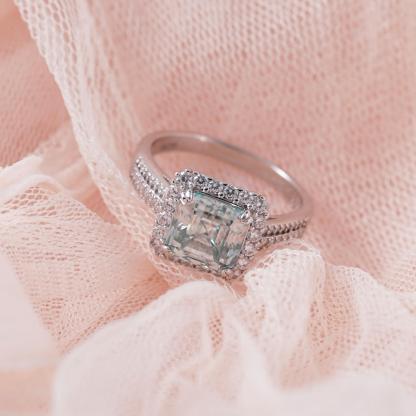 Delzzad 2.5ct Paraiba Asscher Synthetic Moissanite Halo Ring S925 Ring Band Jewelry Perfect Birthday Engagement Wedding Anniversary Gift