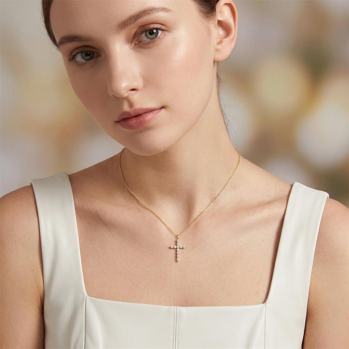 Delzzad Luna Blessing Necklace Cross Pendant Necklace VVS Synthetic Moissanite Pendant Jewelry for Men Women Copper Chain