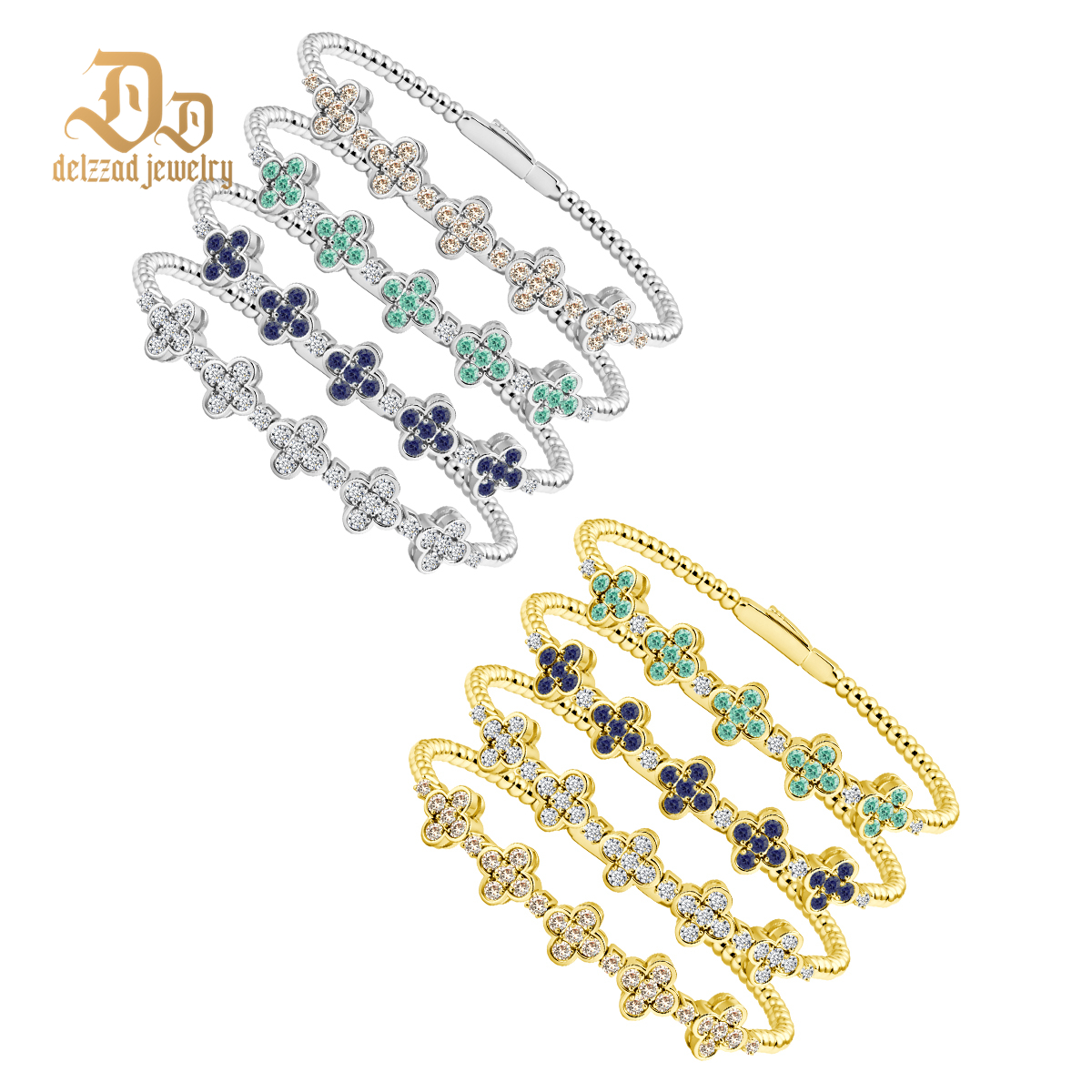 3ct Baroque Beaded Whisper Bangle Clover Bracelet VVS Synthetic Moissanite Bracelet Bangle Copper Chain