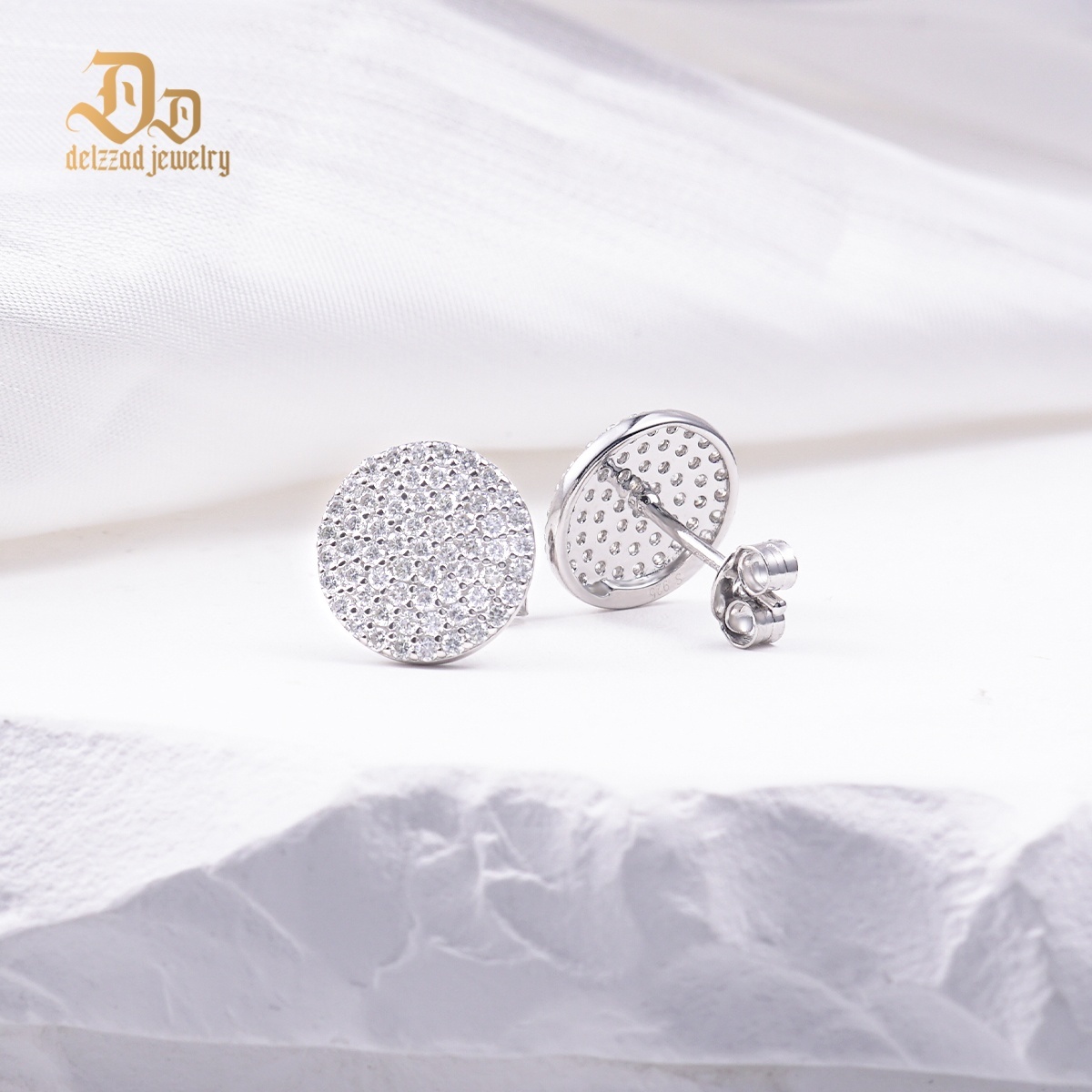 Delzzad S925 Round VVS Synthetic Moissanite Stunning Iced Out Circle Shape Stud Earrings Birthday Valentine's Day Gifts