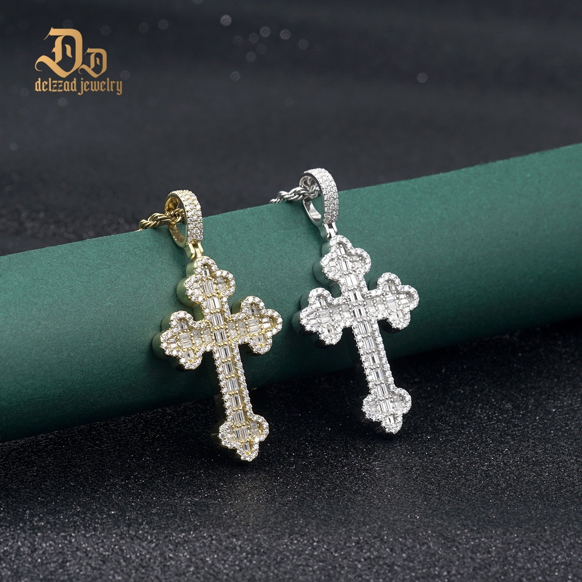 Delzzad S925 VVS Synthetic Moissanite Exquisite Hip Hop Punk Bling Cross Pendant Necklace Valentine's Day Anniversary Gift