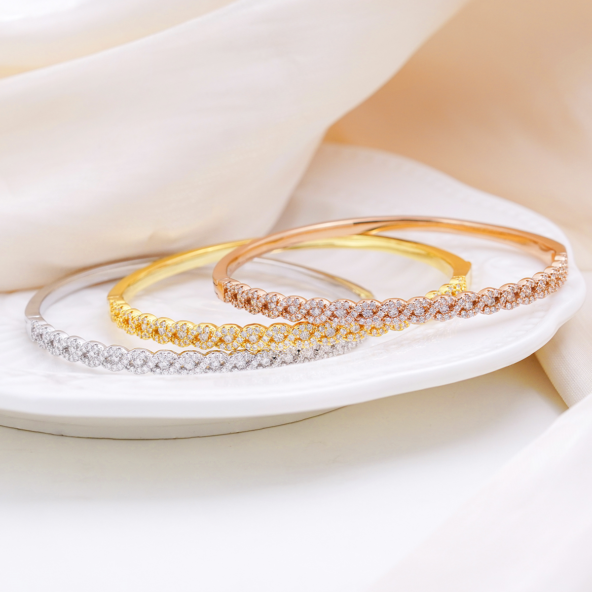 Trinity Ripple Bangle Bracelet Stackable Wedding Bangle Synthetic Moissanite Bracelet Copper