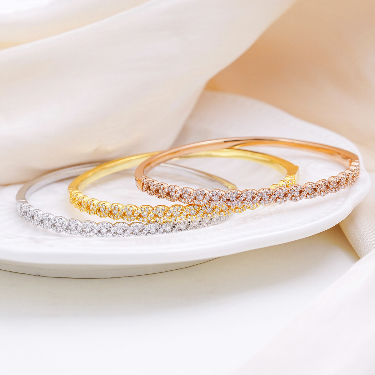 Trinity Ripple Bangle Bracelet Stackable Wedding Bangle Synthetic Moissanite Bracelet Copper