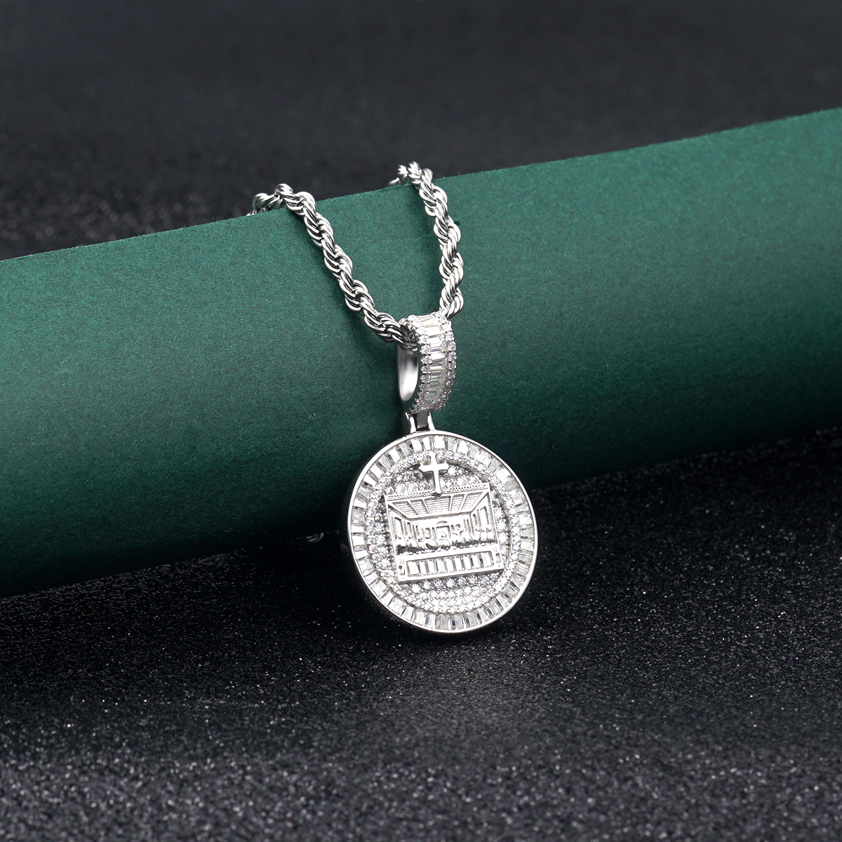 Hip Hop Spiritual Belief Supper Engraved Cross Charm Chain Pendant Necklace VVS Synthetic Moissanite S925 Chain