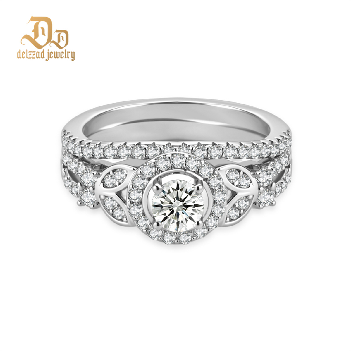 Delzzad 1.1ct A Galaxy for My Star Ring Vintage Bridal Set Halo Wedding Band Ring VVS Synthetic Moissanite Ring Jewelry Copper Band