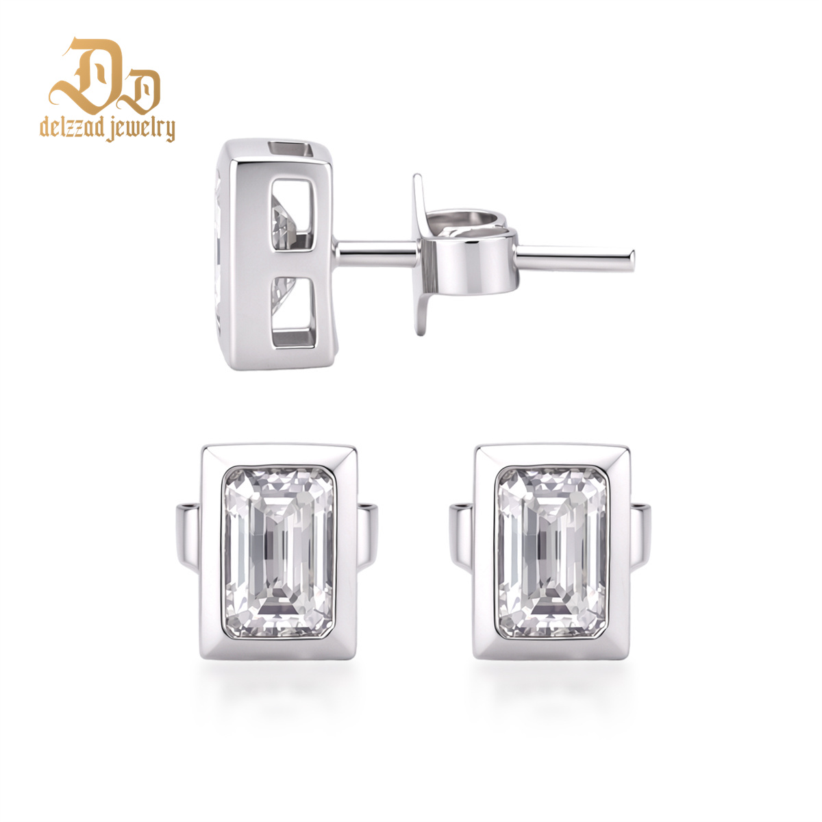 Delzzad Eternal Prism Stud Earrings Ice Cube Romance Earrings Bezel Stud Earrings Step Cut VVS Synthetic Moissanite Earrings Jewelry Copper Studs