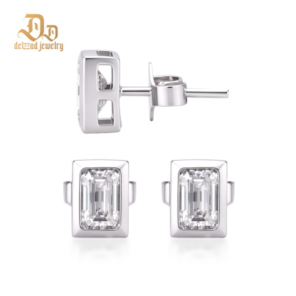 Delzzad Eternal Prism Stud Earrings Ice Cube Romance Earrings Bezel Stud Earrings Step Cut VVS Synthetic Moissanite Earrings Jewelry Copper Studs