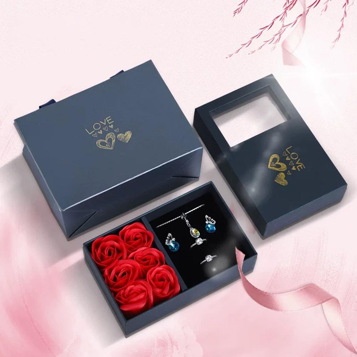 Delzzad Eternal Flower Rose Love Jewelry Box Gift Bag Set for Her Valentine's Day Anniversary Christmas Gift Box