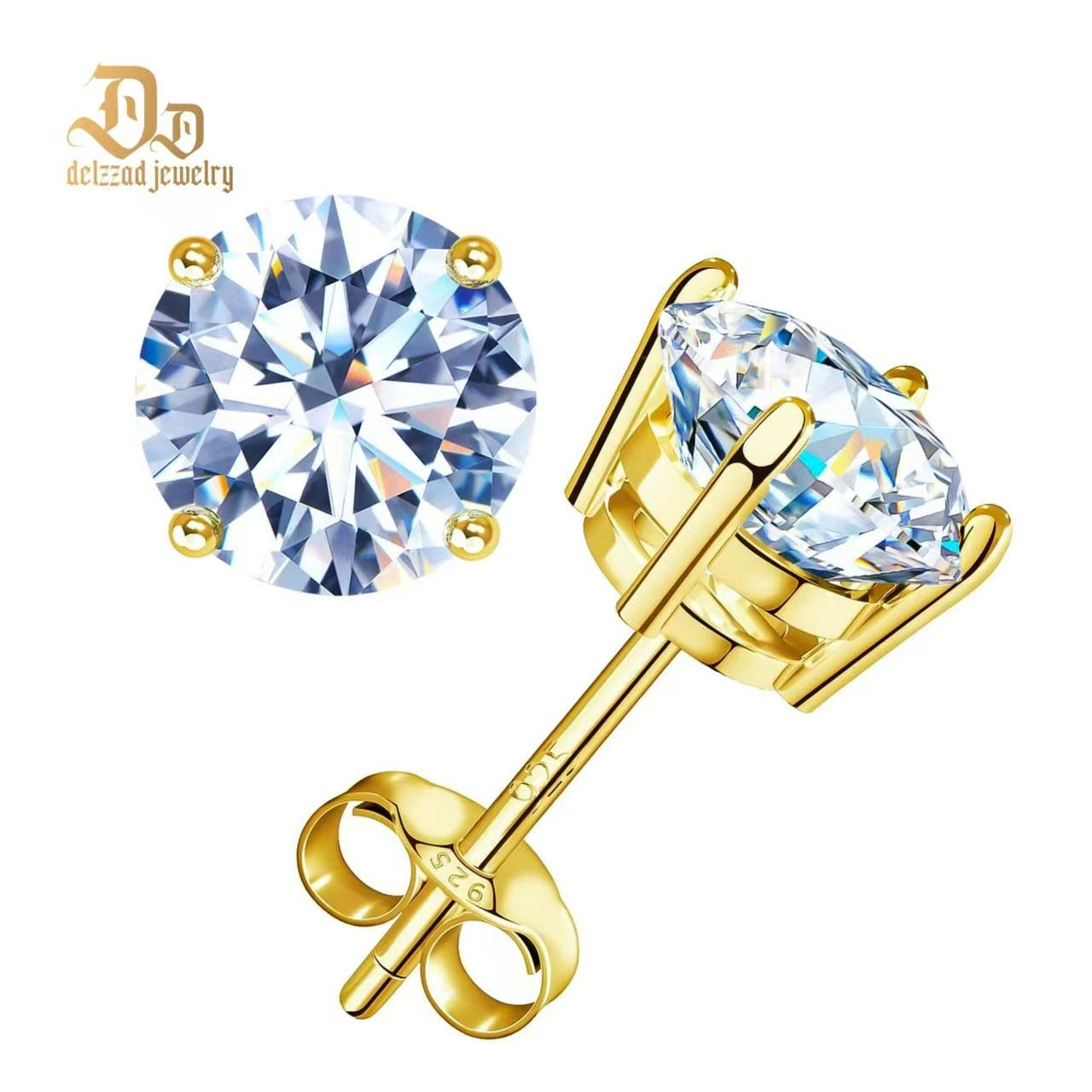 Delzzad S925 Round Synthetic Moissanite Prong Stud Earrings Anniversary Day Gifts For Men Women