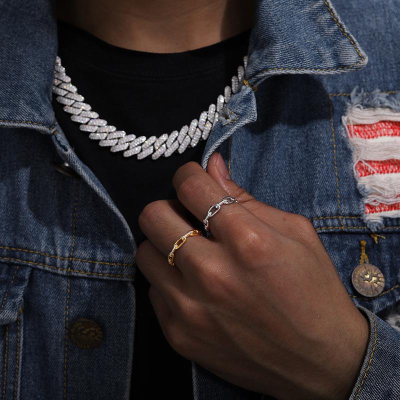 Delzzad S925 VVS Synthetic Moissanite Hip Hop Unisex Chained Ring St Valentine's Day Christmas Gifts For Men Women