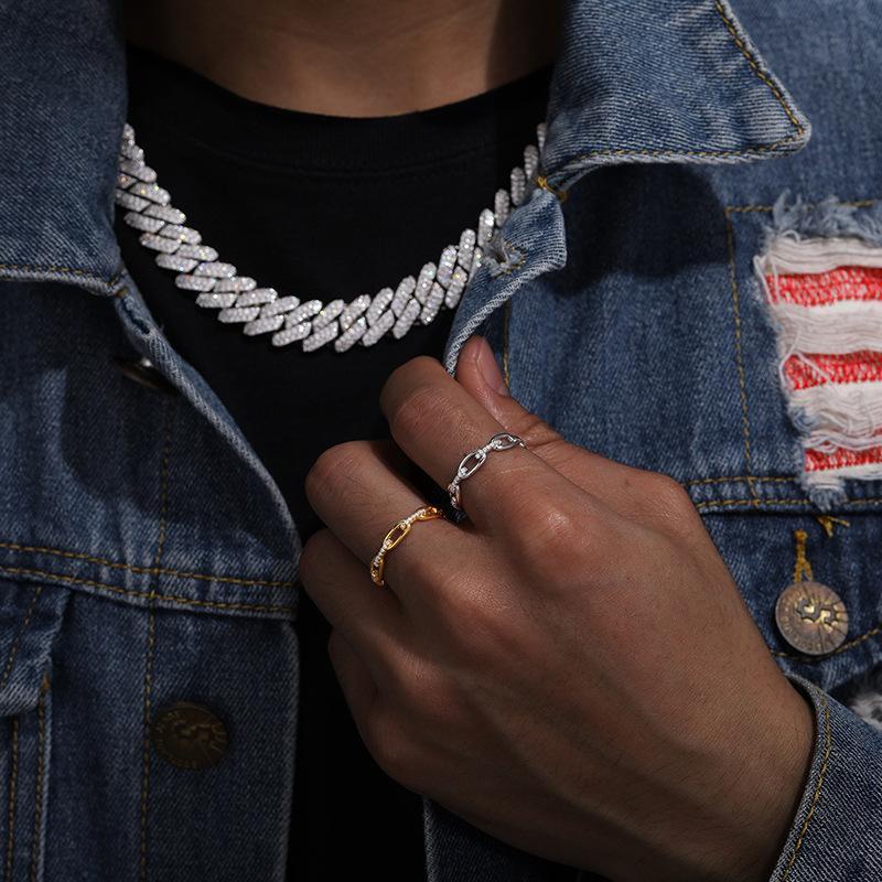 Delzzad S925 VVS Synthetic Moissanite Hip Hop Unisex Chained Ring St Valentine's Day Christmas Gifts For Men Women