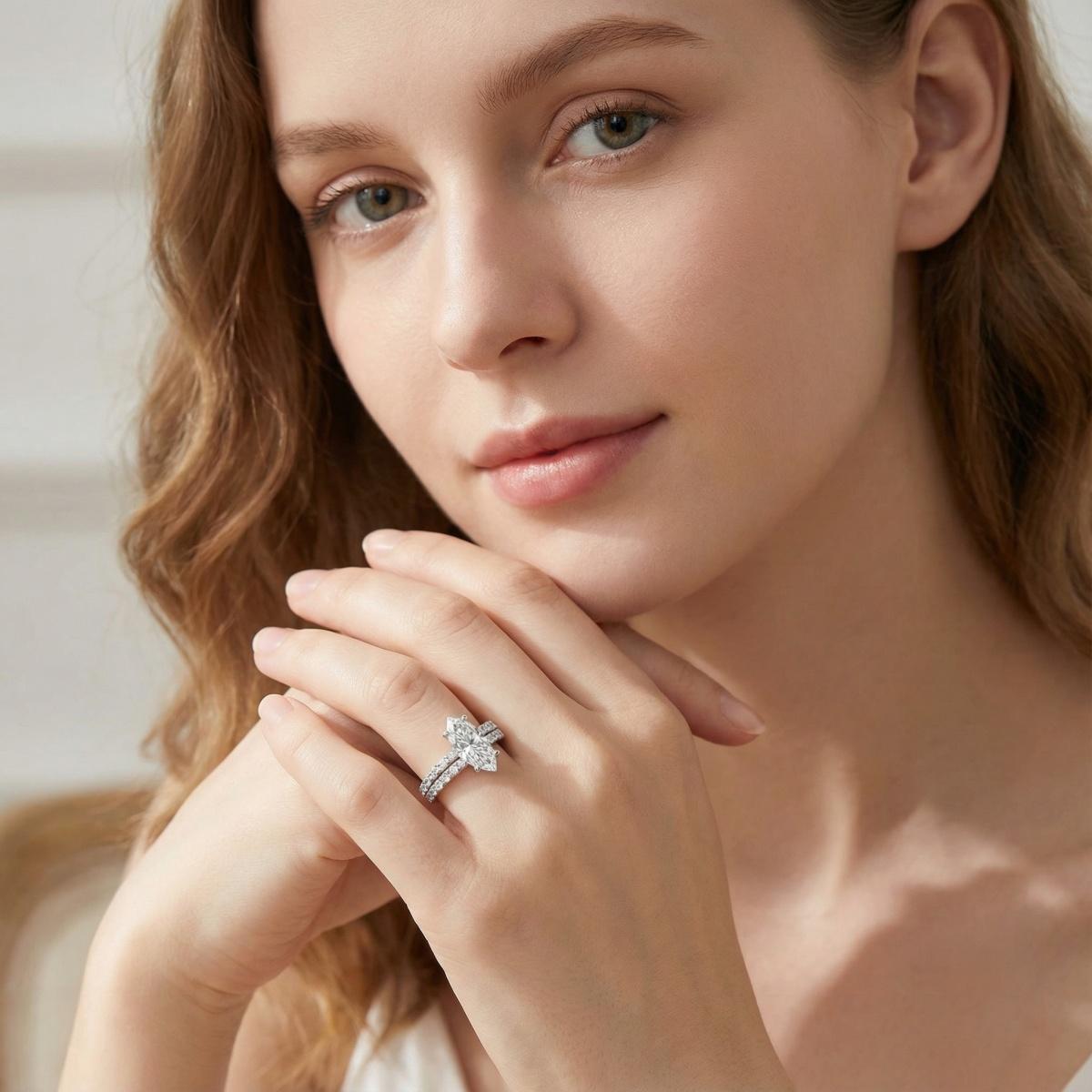 2.5ct Beyond the Horizon Ring S925/Copper Wedding Set Stacking Ring Marquise Cut VVS Synthetic Moissanite Ring