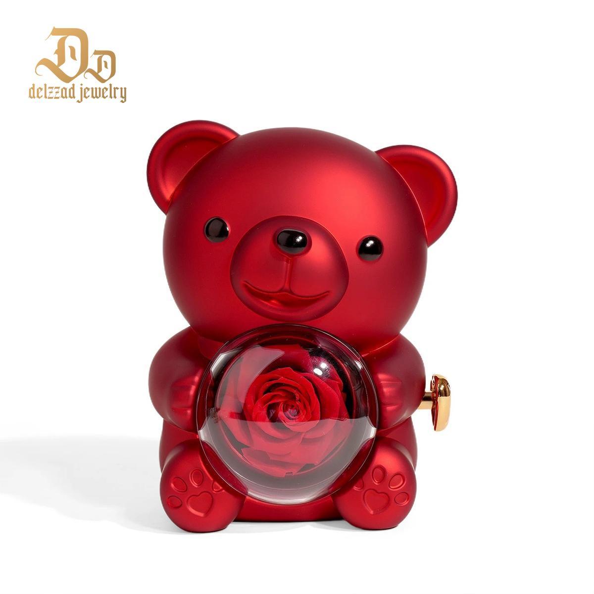 Delzzad Romantic Eternal Rose Cute Hug Bear Jewelry Box - Perfect Valentine's Day Christmas Gift for Her