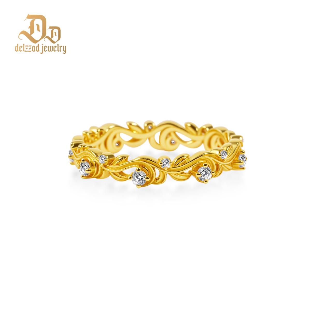 Delzzad Golden Vine Eternity Ring Floral Band Engagement Ring Synthetic Moissanite Band Ring Jewelry S925 Band