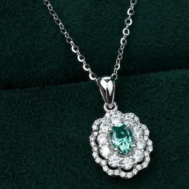 0.5ct Green Ripple Pendant Necklace Oval Synthetic Moissanite Necklace S925 Chain