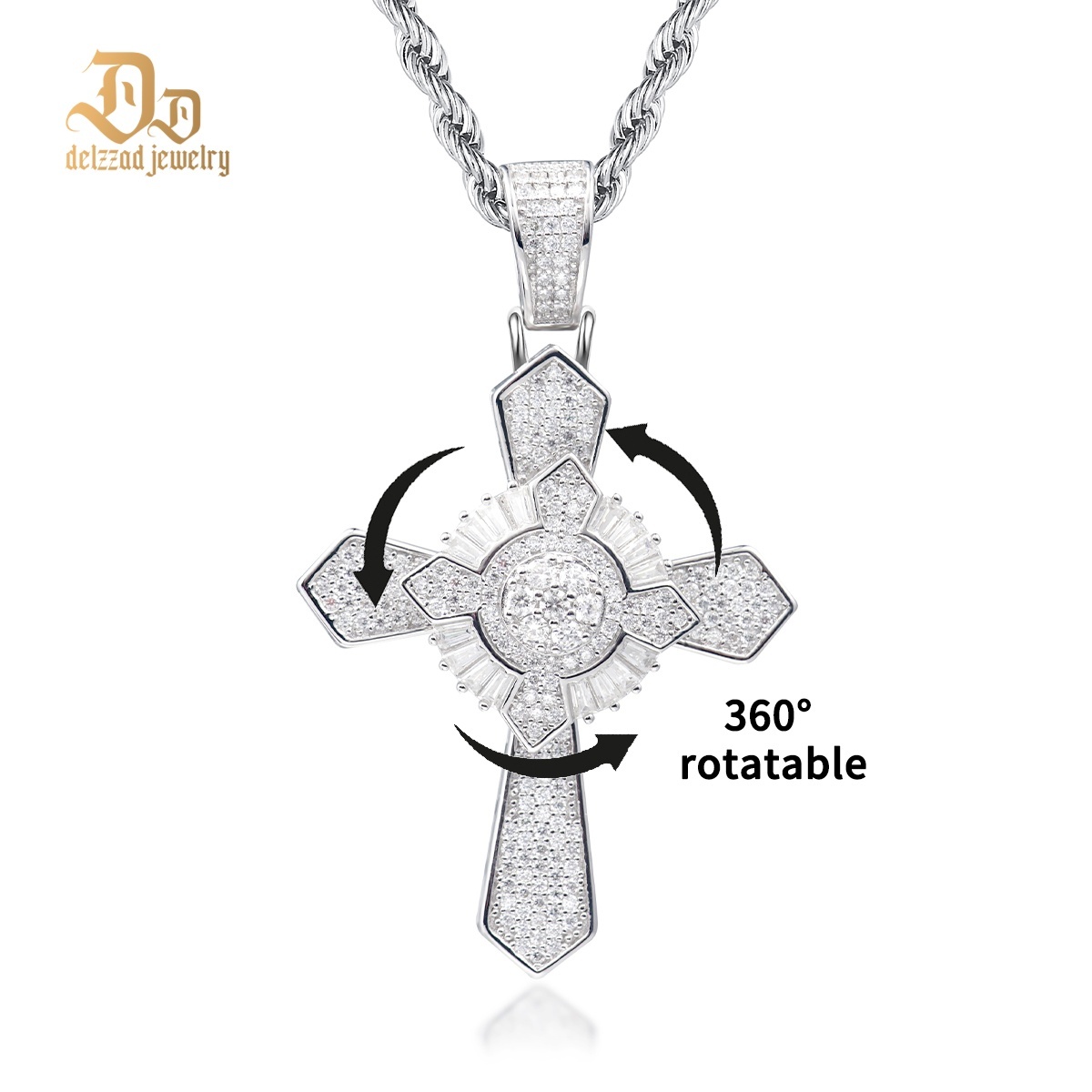 Delzzad S925 Synthetic Moissanite Brillant Iced Out Rotatable Cross Pendant Necklace Birthday Anniversary Gift