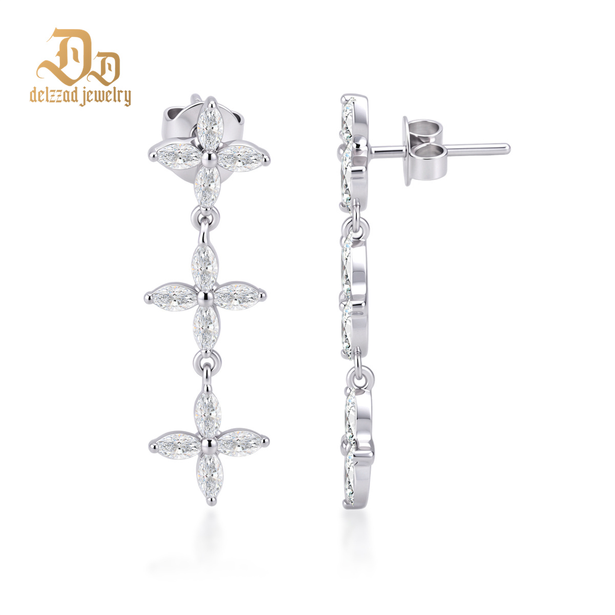 Delzzad Floral Cascade Drop Dangle Earrings Floating Poem Drop Earrings Marquise Cut Flower Earrings VVS Synthetic Moissanite Earrings Jewelry Copper Studs